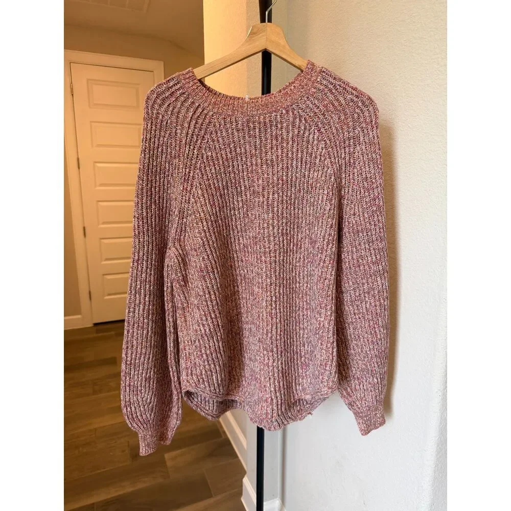 FRAME Marled Crew Sweater Pink Lavender Multi Balloon Sleeve Knit XL $395